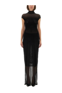 Jean Paul Gaultier women’s black mesh dress with short sleeves high neckline and delicate fringe detailing