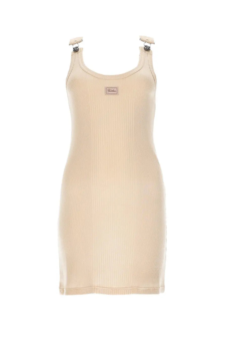 Beige ribbed knit sleeveless mini dress with adjustable straps and brand patch by Jean Paul Gaultier