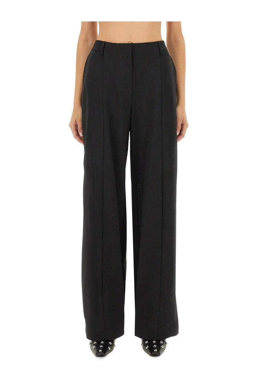Jean Paul Gaultier women’s black high-waisted wide-leg trousers with tailored fit and subtle front pleats