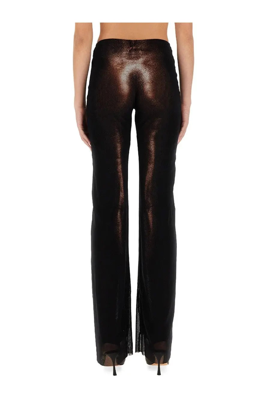 Jean paul gaultier women’s black metallic wide-leg trousers with subtle sheen and sheer mesh hem detailing