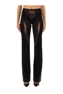 Jean Paul Gaultier women’s pants brown shiny black metallic high-waisted trousers with sleek straight-leg cut