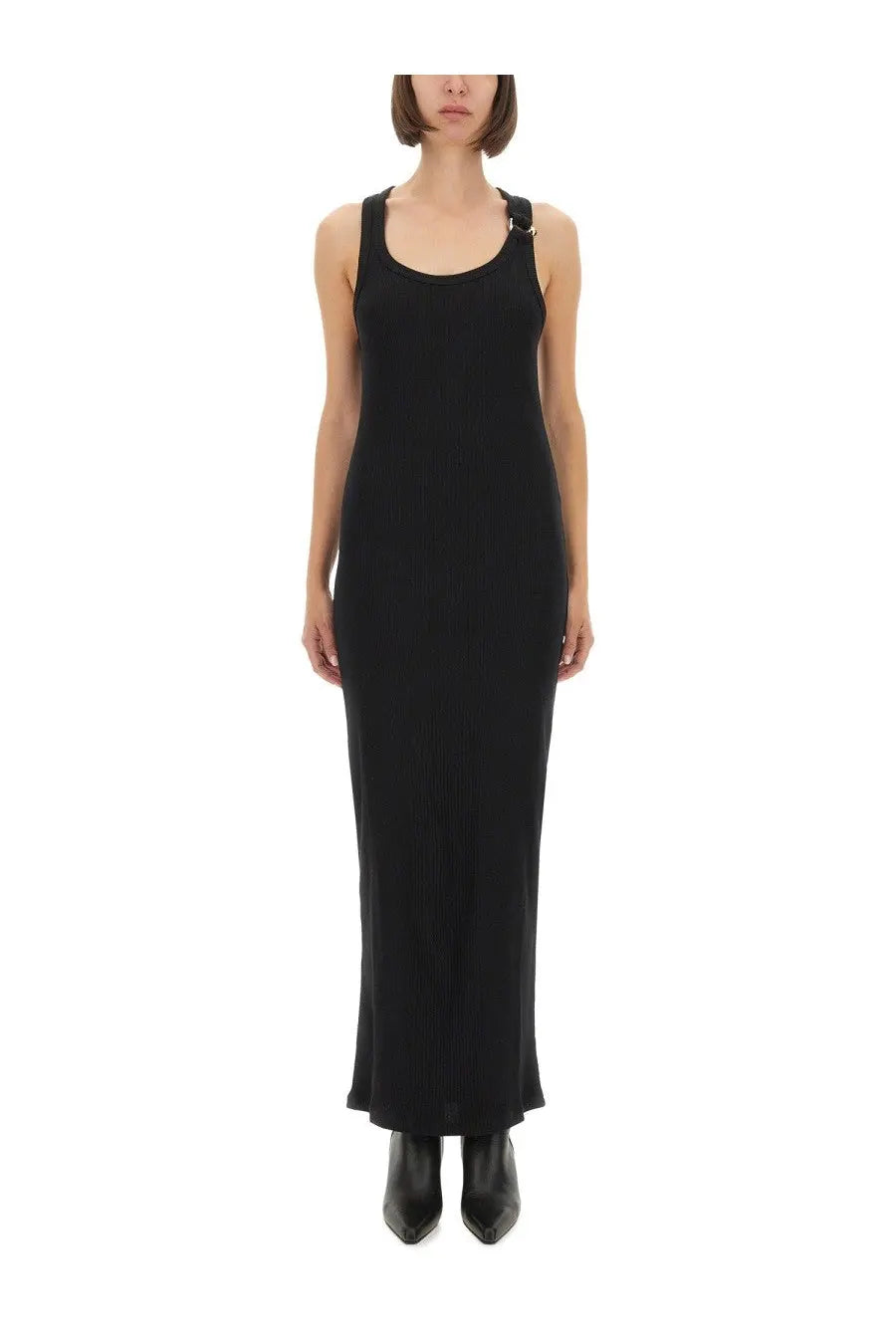 Jean Paul Gaultier women’s black sleeveless maxi dress with fitted silhouette and subtle ribbed texture