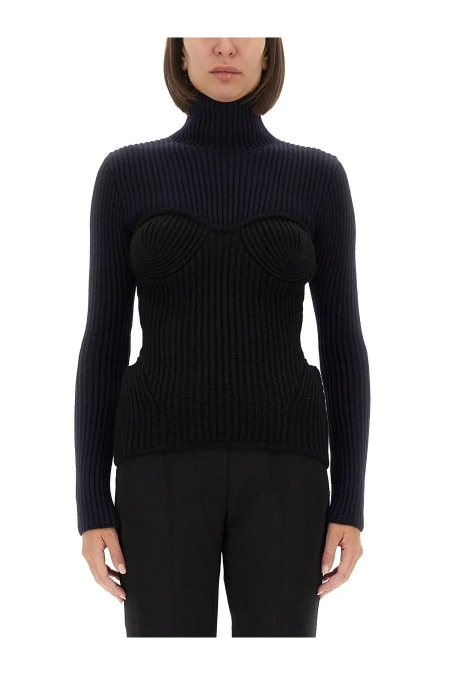 Black ribbed knit turtleneck sweater with sculpted bust detail in jean paul gaultier womens shirt blue collection