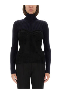 Black ribbed knit turtleneck sweater with sculpted bust detail in jean paul gaultier womens shirt blue collection