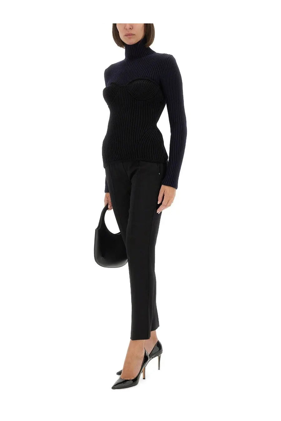 Black ribbed turtleneck sweater with structured fitted bodice from jean paul gaultier women’s shirt blue collection