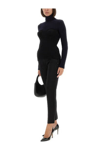 Black ribbed turtleneck sweater with structured fitted bodice from jean paul gaultier women’s shirt blue collection