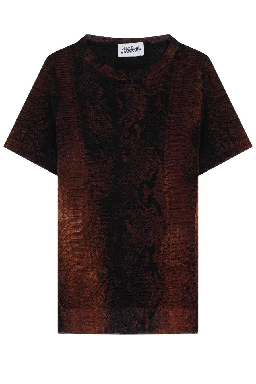 Dark brown snake print t shirt with subtle sheen and short sleeves featuring jean paul gaultier label at neckline
