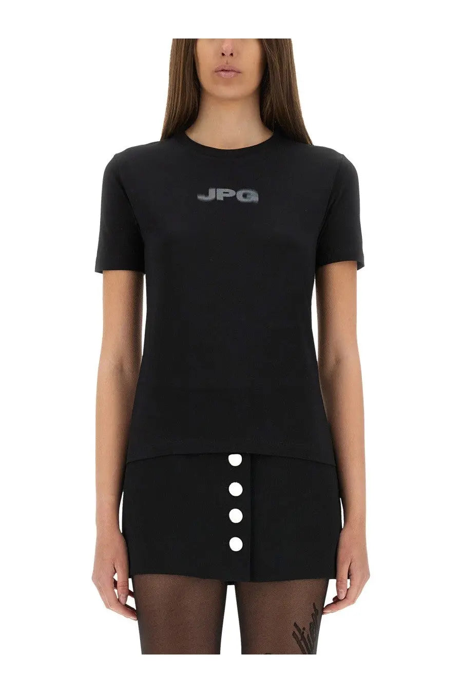 Jean Paul Gaultier women’s black short-sleeved t-shirt with subtle silver logo on chest for casual wear