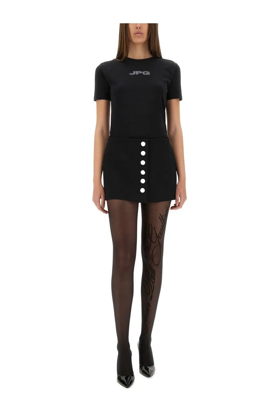Jean paul gaultier women’s black short-sleeved mini dress with white buttons and jpg logo on chest