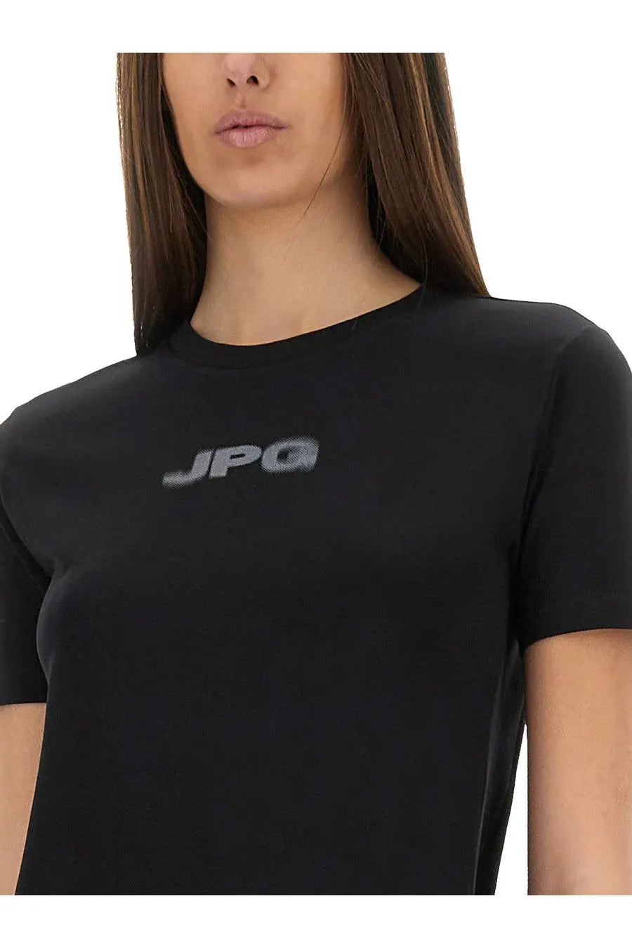 Jean Paul Gaultier women’s black short-sleeved t-shirt with subtle silver jpg logo embroidered on the chest