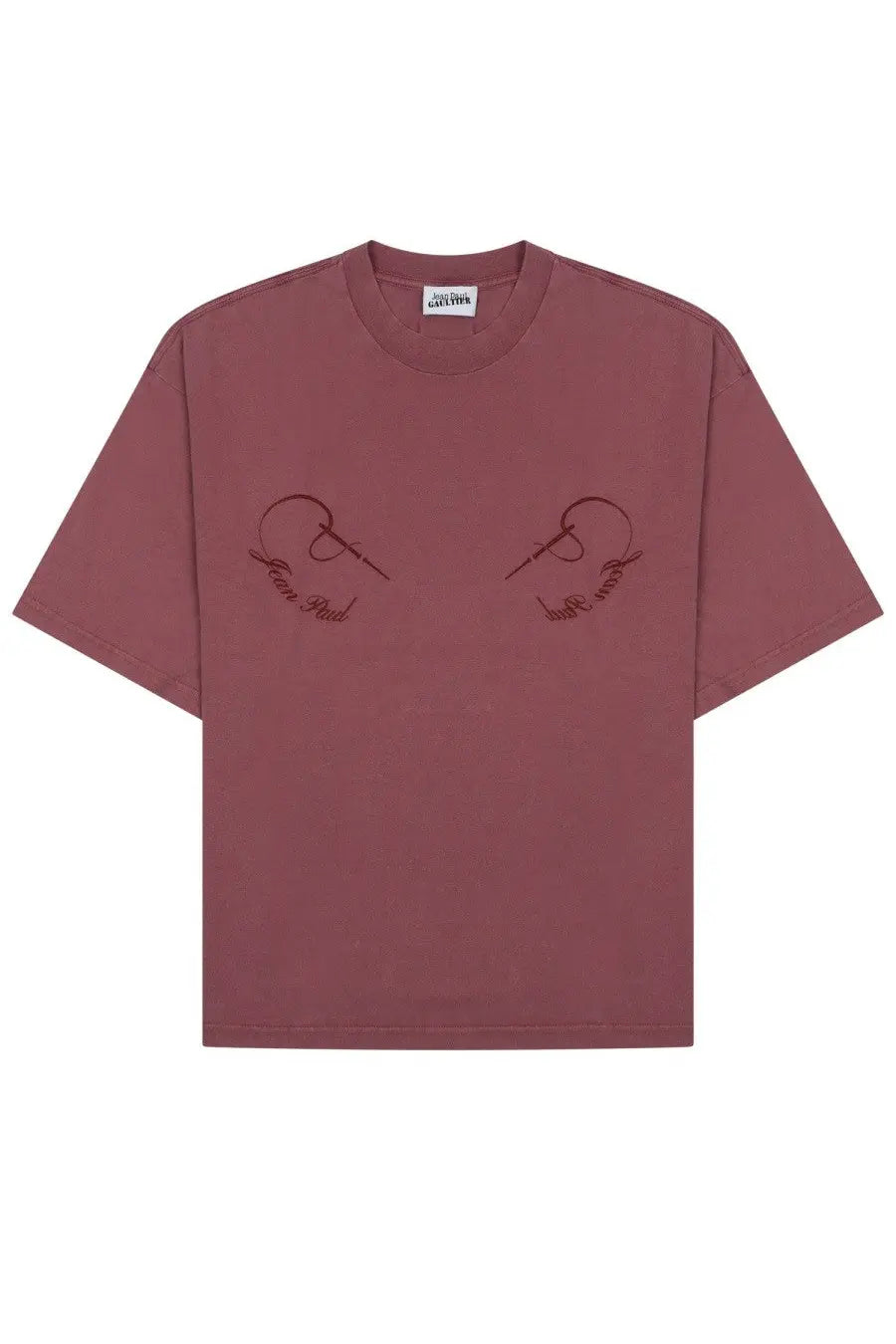Jean Paul Gaultier women’s dusty rose oversized crewneck t-shirt with embroidered skull designs and cursive text
