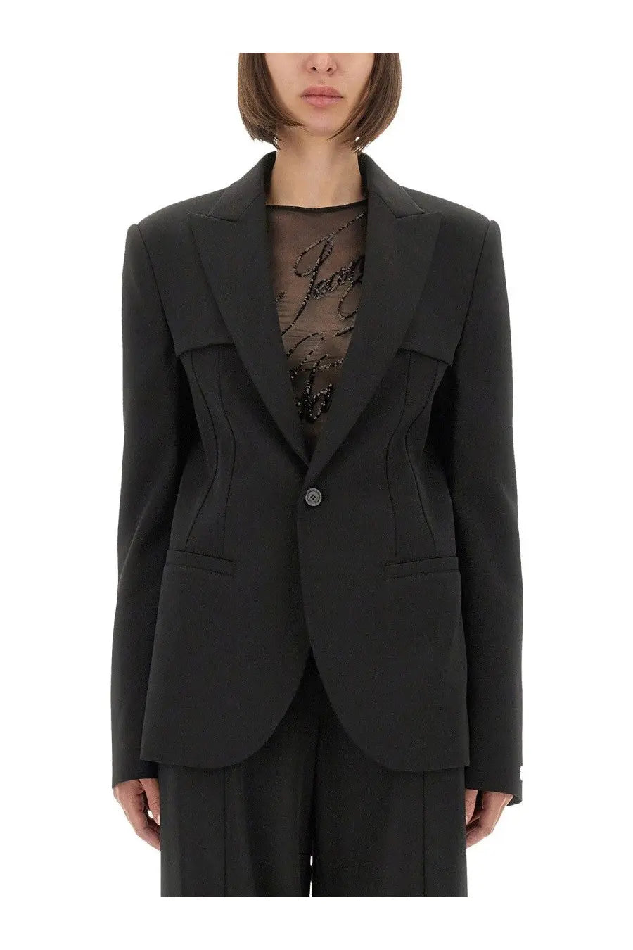Jean Paul Gaultier women’s black tailored blazer with structured shoulders and single button closure