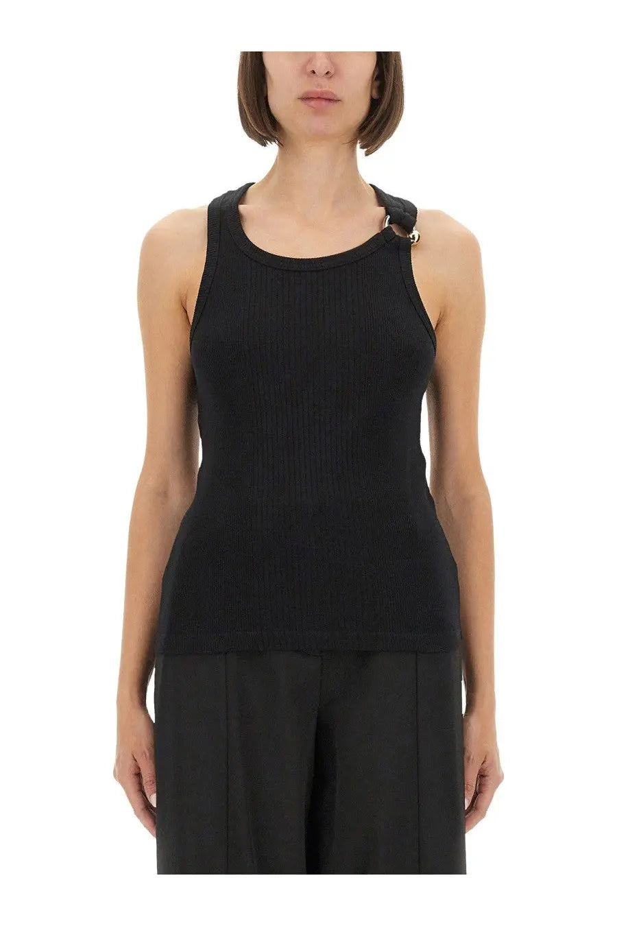 Jean Paul Gaultier women’s black ribbed knit tank top with distinctive metallic clasp detail on the shoulder