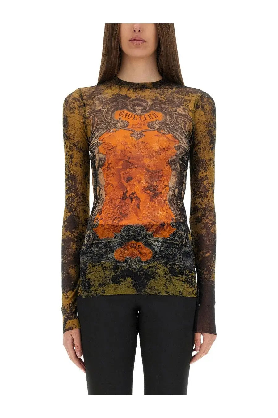Jean Paul Gaultier women’s long-sleeved sheer top in distressed mustard and black with ornate orange Gaultier print