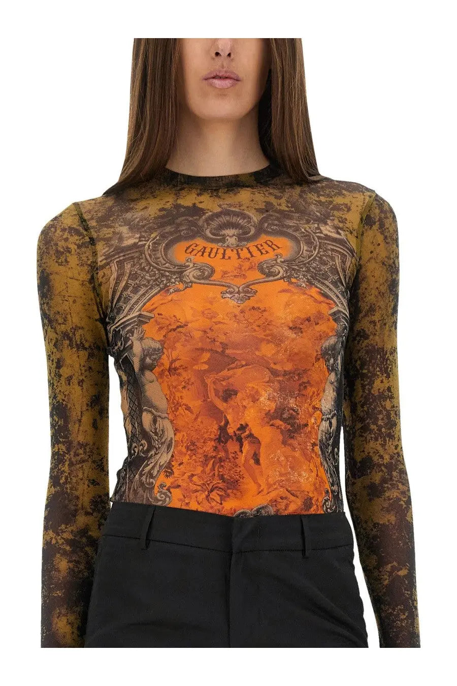 Jean Paul Gaultier women’s sheer long-sleeved top in distressed mustard and black with ornate orange graphic design