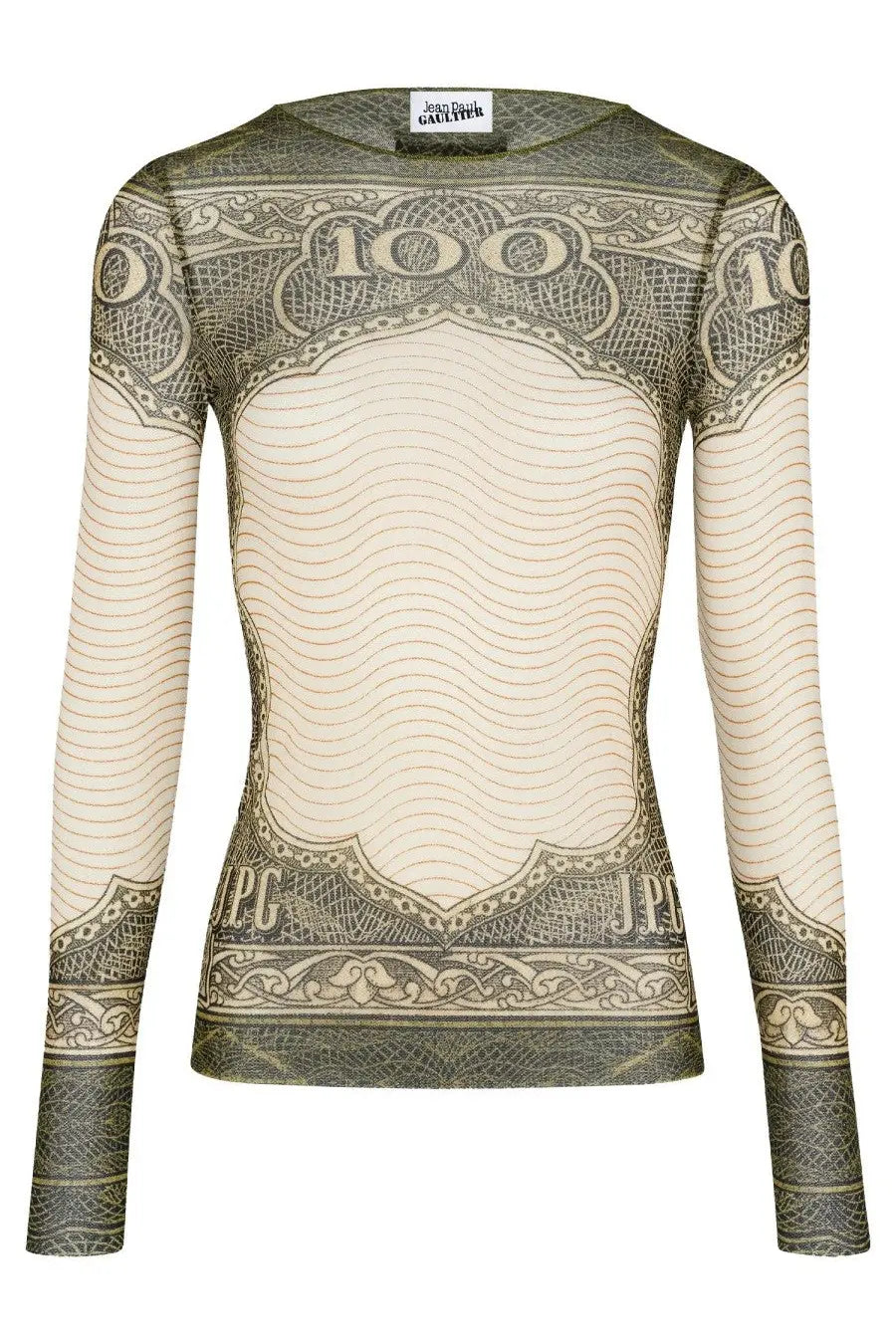 Jean paul gaultier women’s multicolor long-sleeved top with beige olive green vintage style 100 dollar bill print