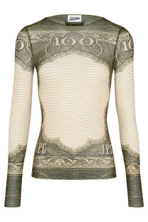 Jean paul gaultier women’s multicolor long-sleeved top with beige olive green vintage style 100 dollar bill print