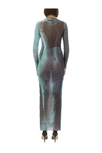 Jean Paul Gaultier women’s long sheer teal and gray gradient water mesh dress with a fitted silhouette