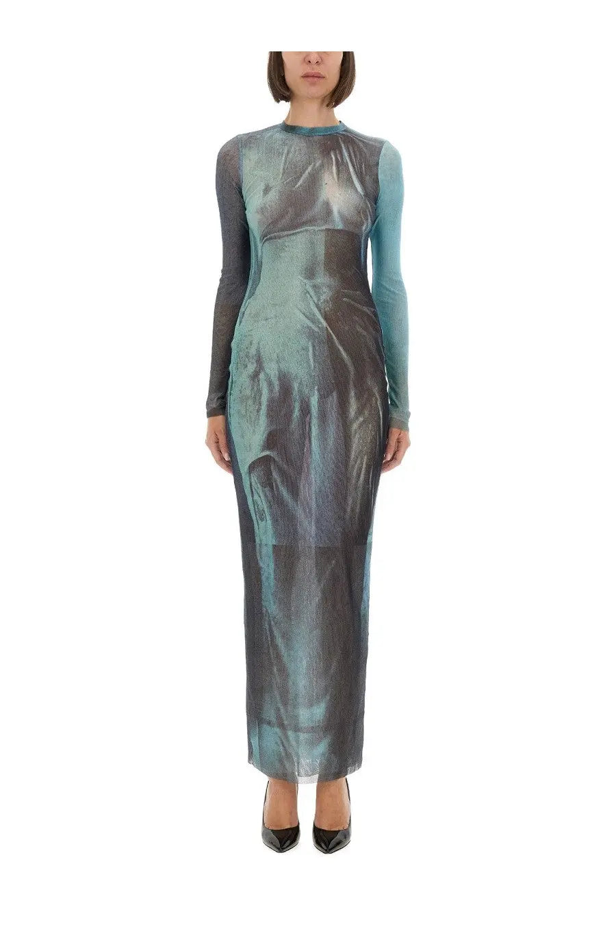 Jean Paul Gaultier women’s long-sleeved floor-length dress in shimmering teal and gray gradient with sheer fabric