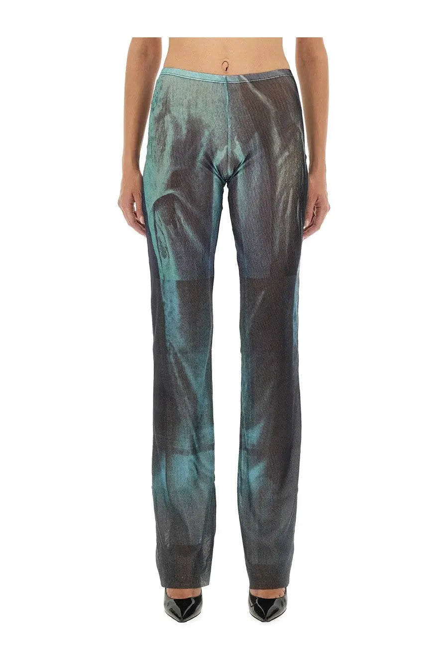 Jean Paul Gaultier women’s water mesh pants in shimmering teal and black metallic with reflective gradient finish