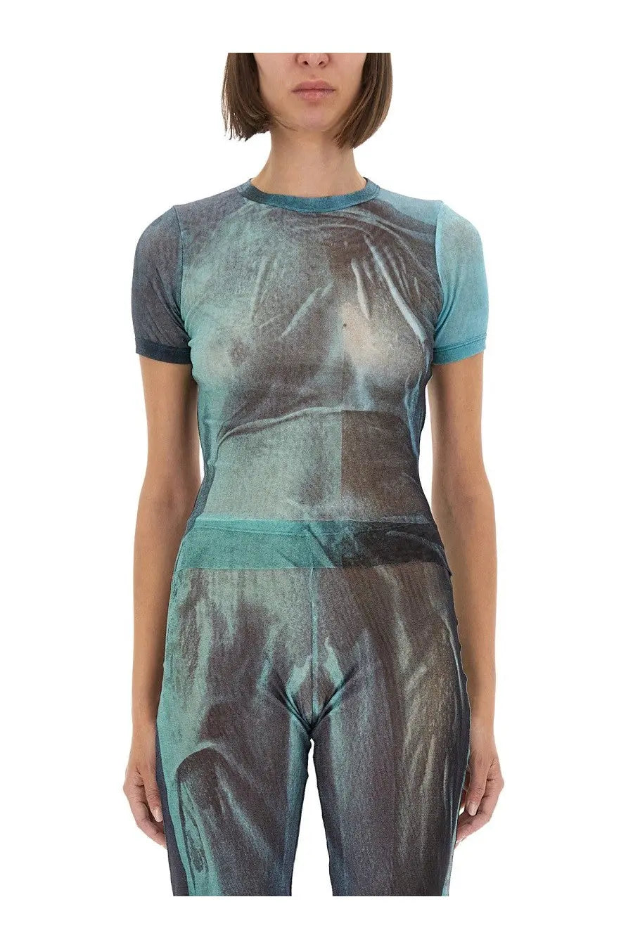 Jean Paul Gaultier women’s water mesh shirt in blue with teal and black translucent bodysuit and sculptural print design