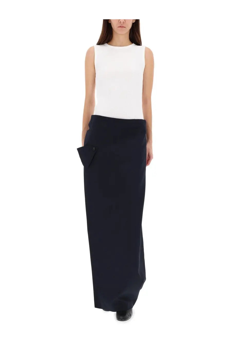 Black high-waisted jean paul gaultier wraparound maxi skirt with draped pocket detail in blue fabric