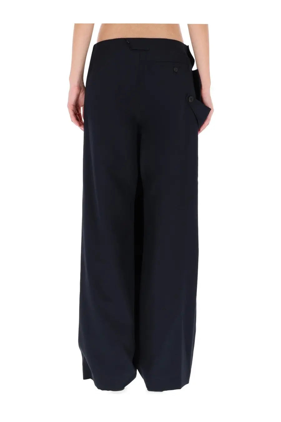 Black wide-leg trousers with tailored fit and subtle side pockets from Jean Paul Gaultier women’s wraparound pants skirt blue collection