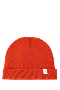 Jil sander men’s beanie hat orange vibrant orange ribbed knit with folded cuff and white label with black plus sign