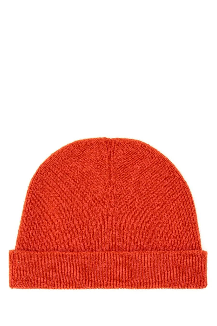 A vibrant orange ribbed knit beanie with folded cuff from Jil Sander men’s beanie hat collection