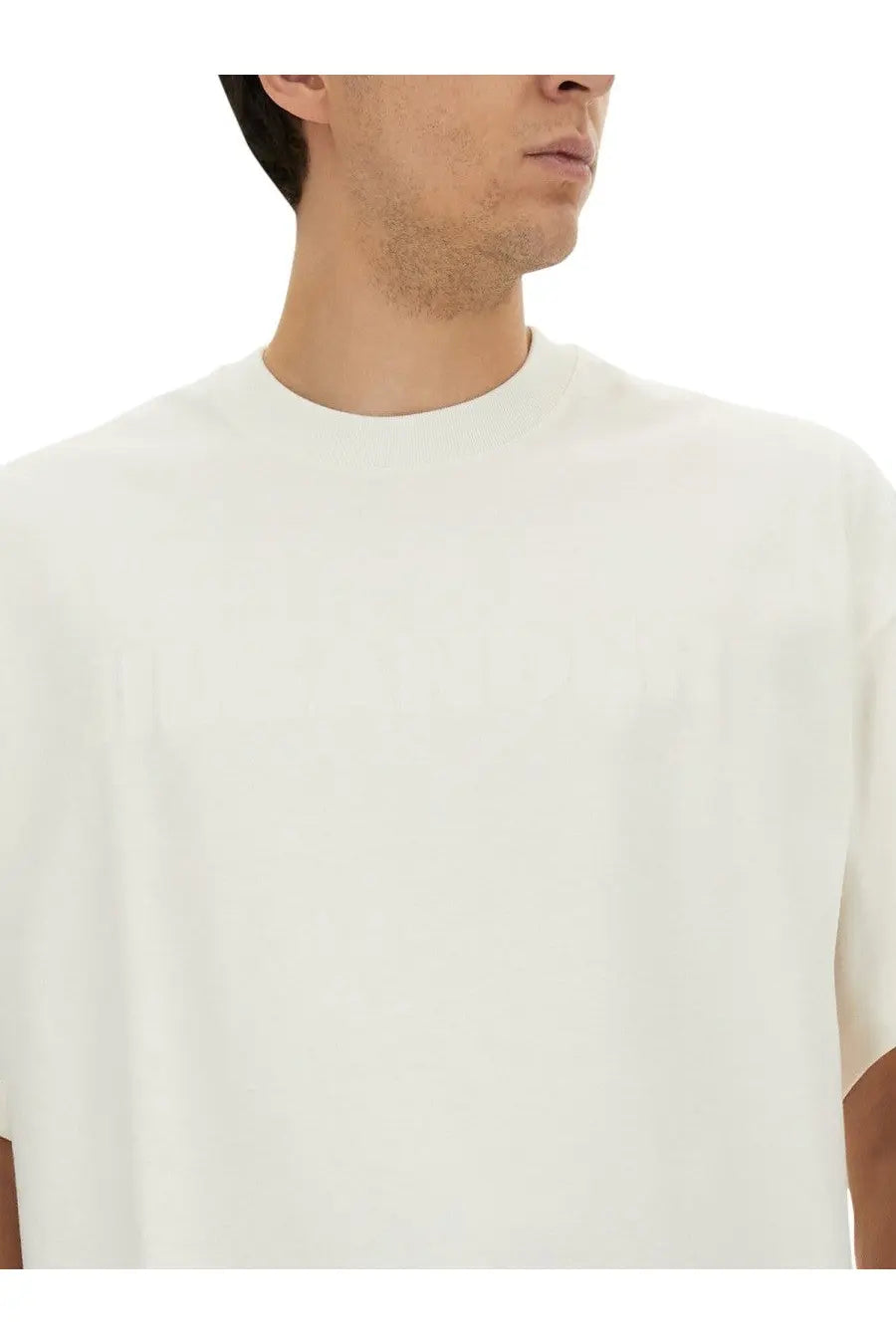Jil Sander men’s white cotton crew-neck t-shirt with a subtle faint logo across the chest