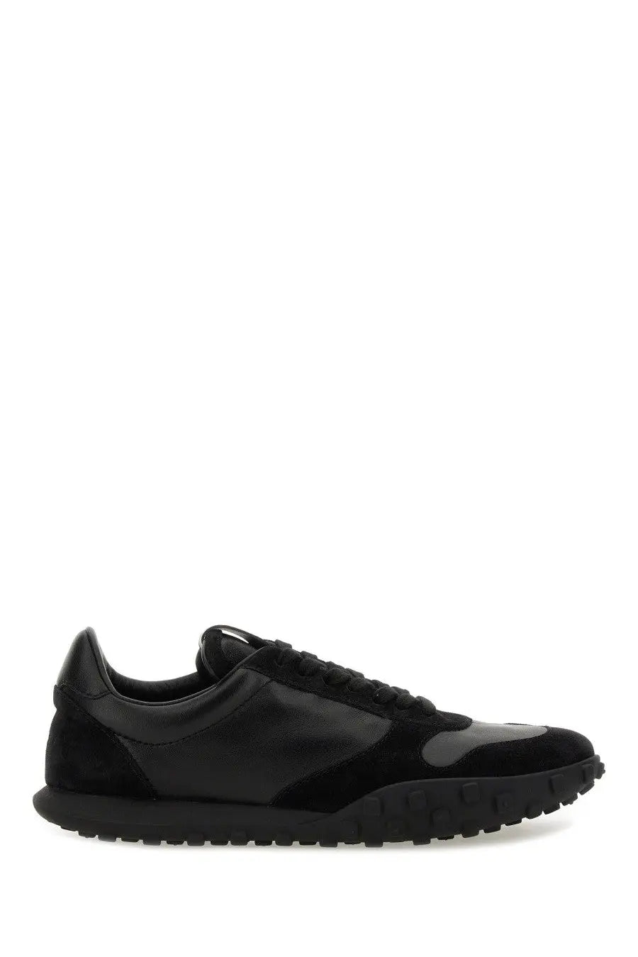 Jil sander men’s low top sneaker black with matte suede and glossy patent leather panels and chunky rubber sole