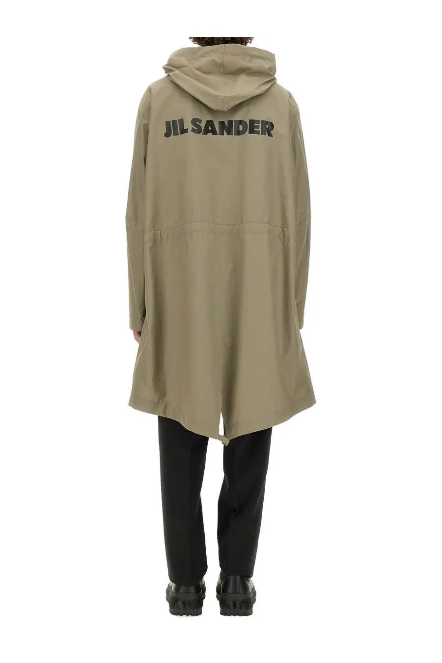 Beige jil sander hooded coat with black logo on back shown from the back for men