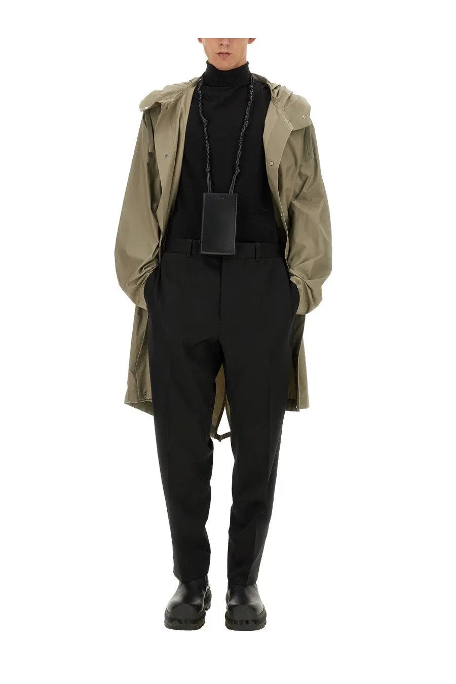 Black leather rectangular id holder with chain strap for jil sander men’s parka green accessories