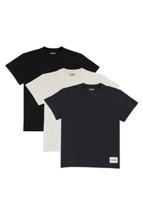 Three minimalist jil sander men’s crew-neck t-shirts in black off-white and dark navy with branded labels