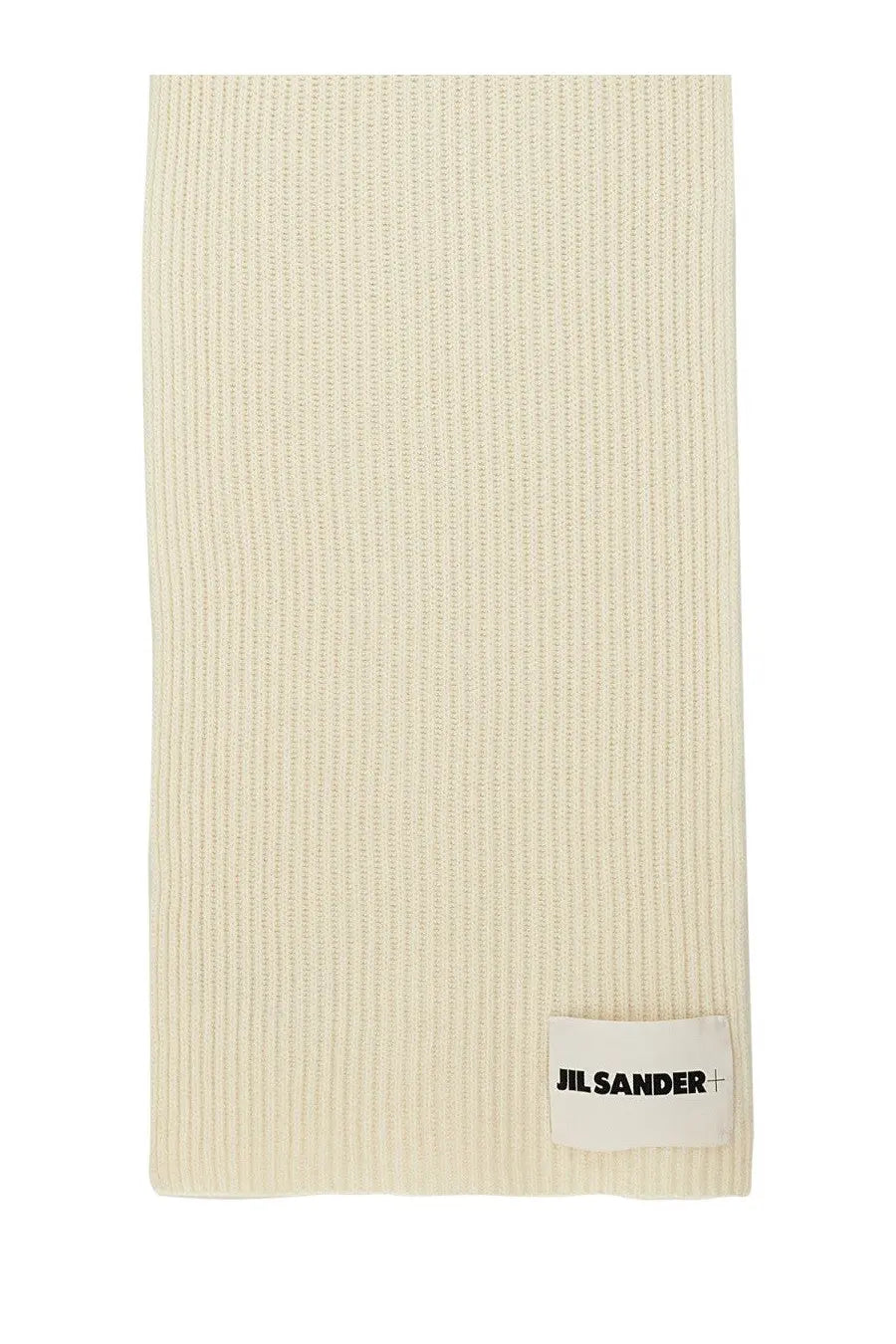 Cream-colored ribbed knit wool scarf with minimalist white jil sander label for men in beige