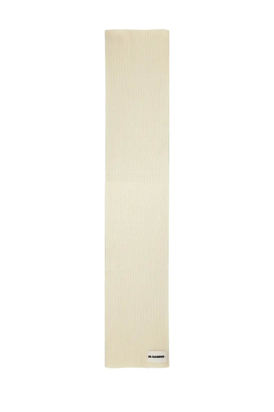 Cream-colored ribbed knit wool scarf by jil sander featuring minimalist design and subtle texture in beige