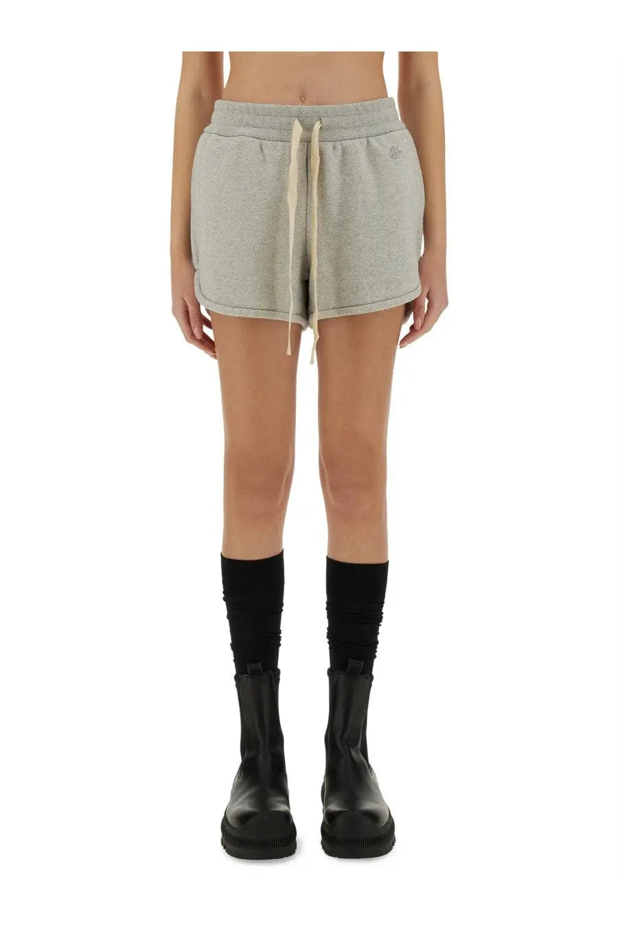 Light gray heathered jil sander women’s cotton terry sweatshorts with drawstring waist and subtle logo on the side