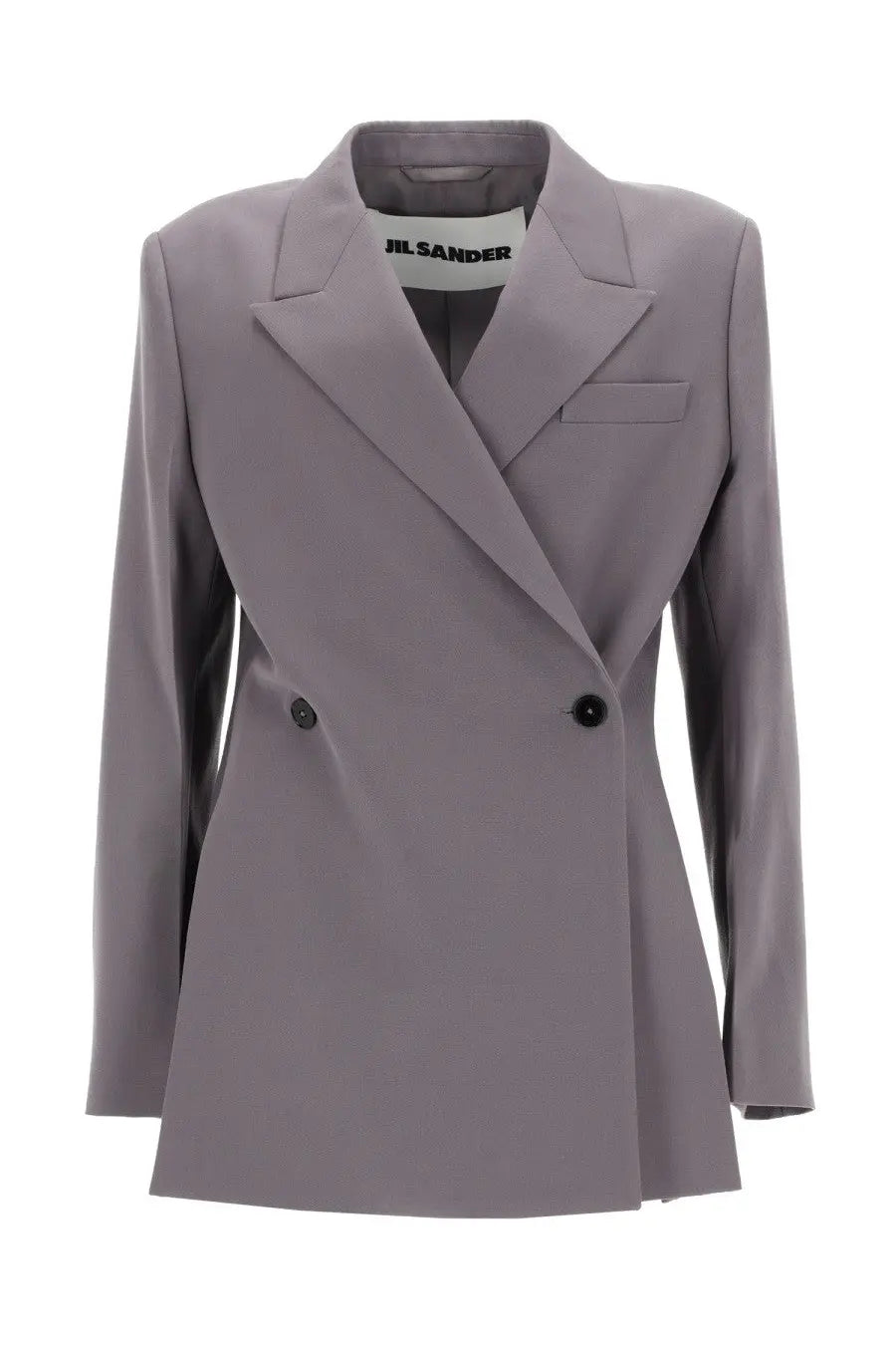 A sleek tailored gray double breasted wool blazer for women by Jil Sander perfect for formal wear