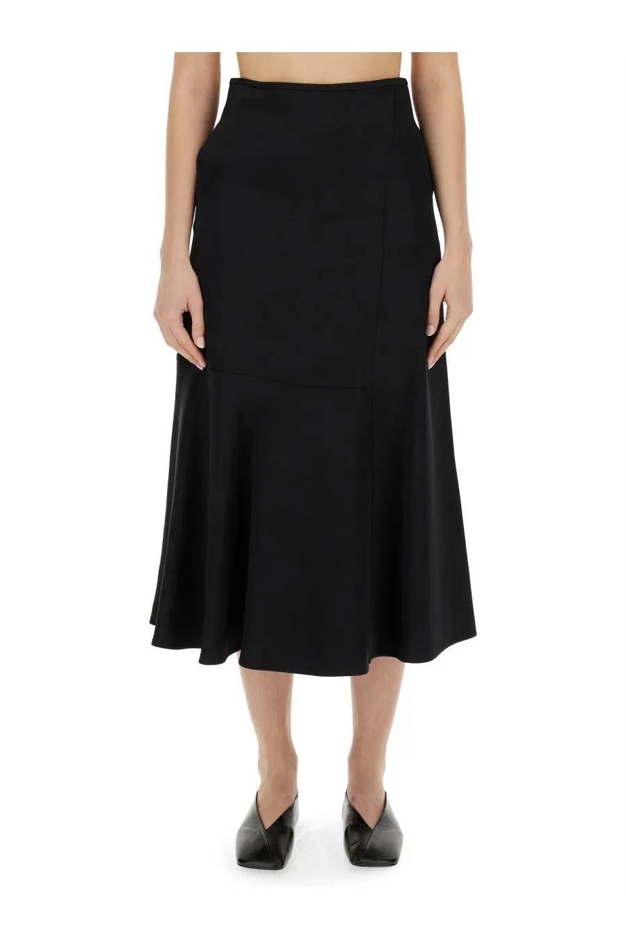 Black high-waisted midi skirt with a flared flowing hemline from jil sander womens flared skirt black collection