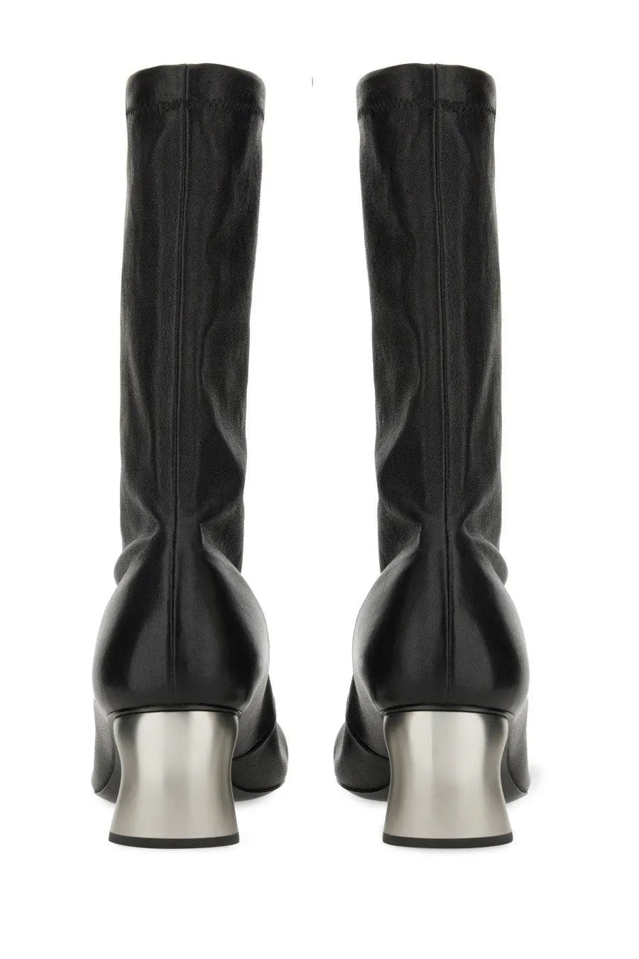 Jil Sander women’s black leather ankle boots with sleek glossy finish and metallic silver block heels