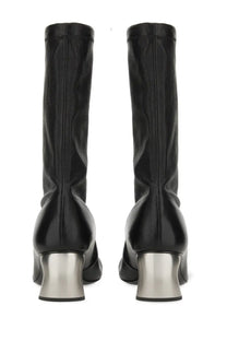 Jil Sander women’s black leather ankle boots with sleek glossy finish and metallic silver block heels