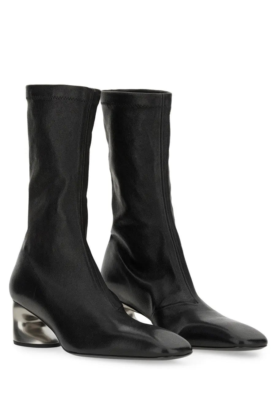 Jil Sander women’s black leather ankle boots with sleek design and transparent metallic block heel front view