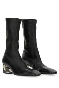 Jil Sander women’s black leather ankle boots with sleek design and transparent metallic block heel front view