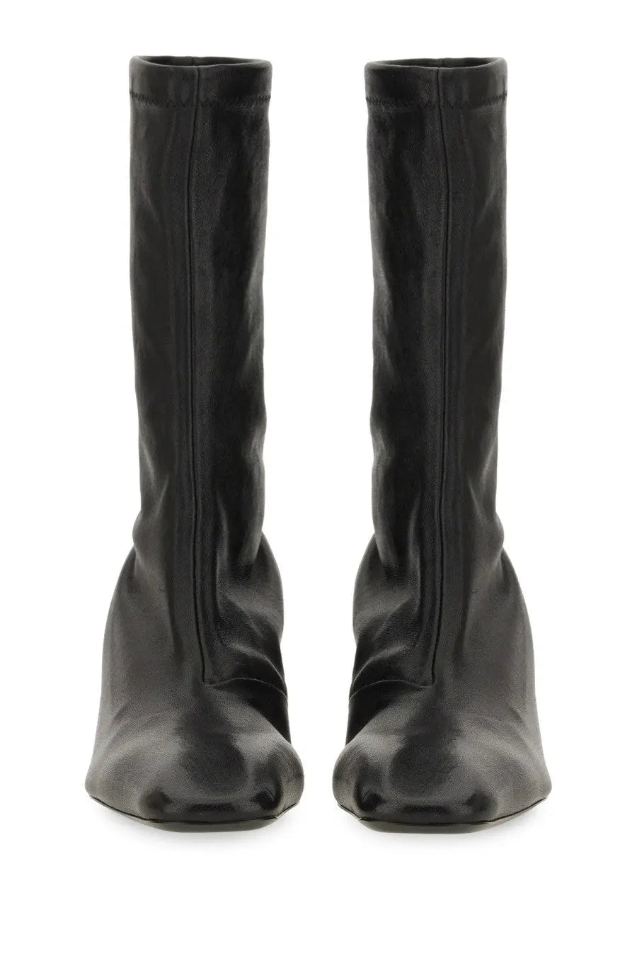 Jil Sander women’s black leather ankle boots with sleek minimalist design and square toe front view