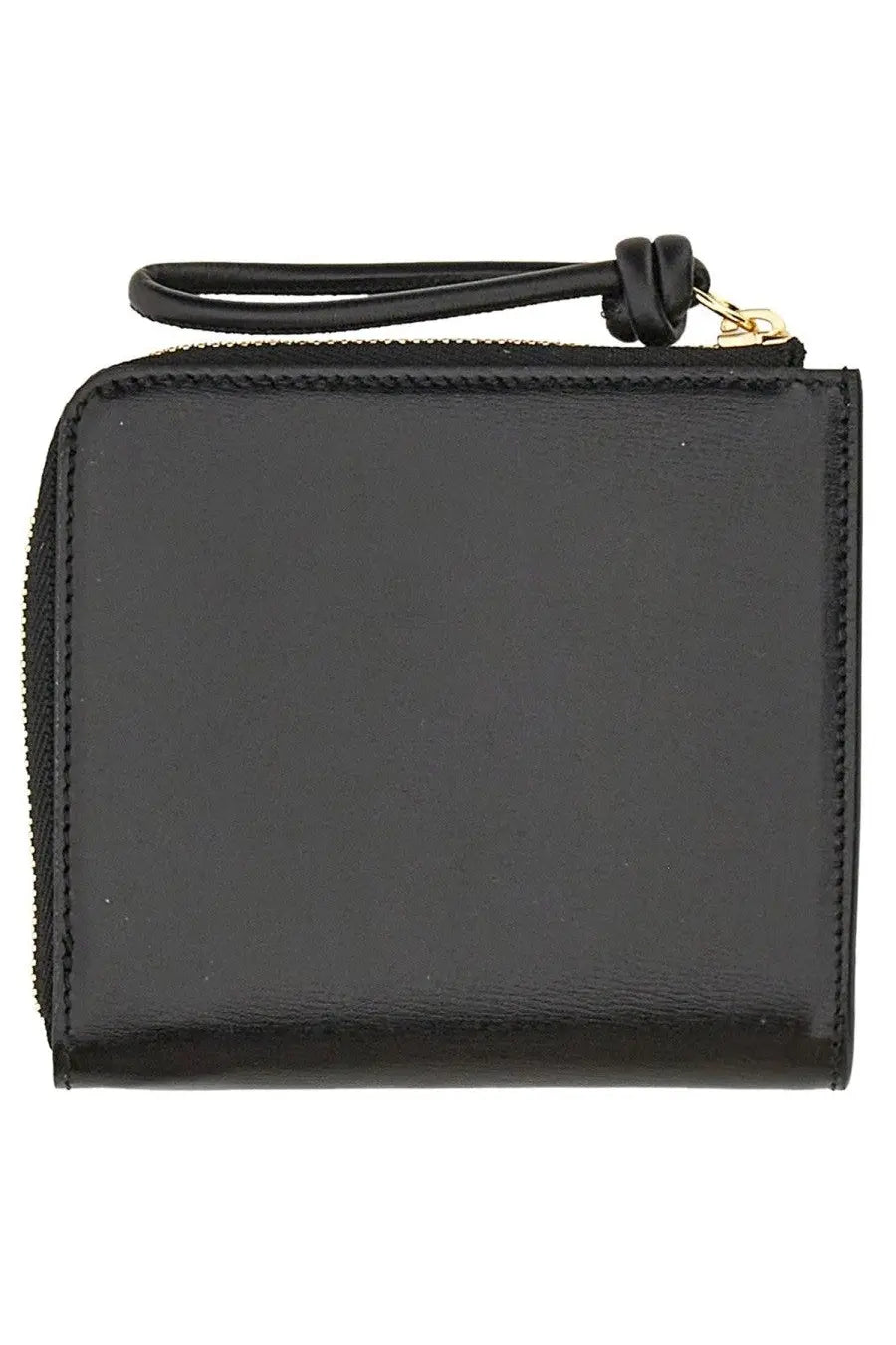 Jil Sander women’s black patent leather card holder with gold-tone zipper and braided wrist strap