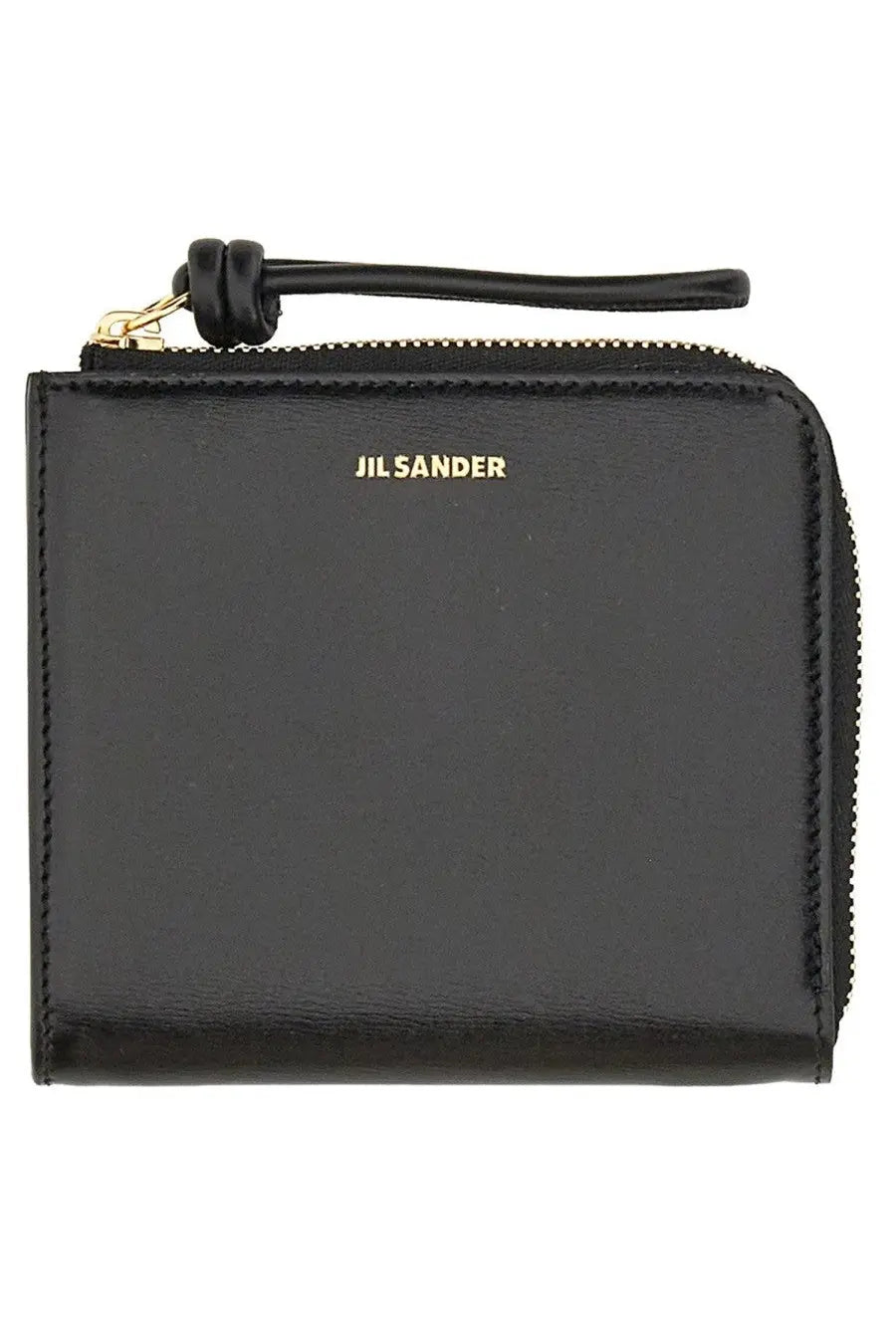 Black jil sander women’s leather card holder with zippered wallet, gold-tone branding, and matching leather pull tab