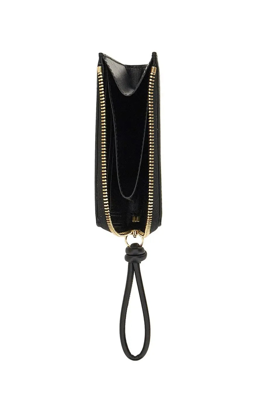 Jil Sander women’s black leather card holder with gold-toned zipper and black fabric wrist strap visible from front