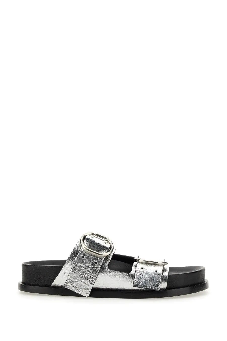 Jil Sander women’s leather sandal in silver metallic with dual buckle closures and black rubber soles