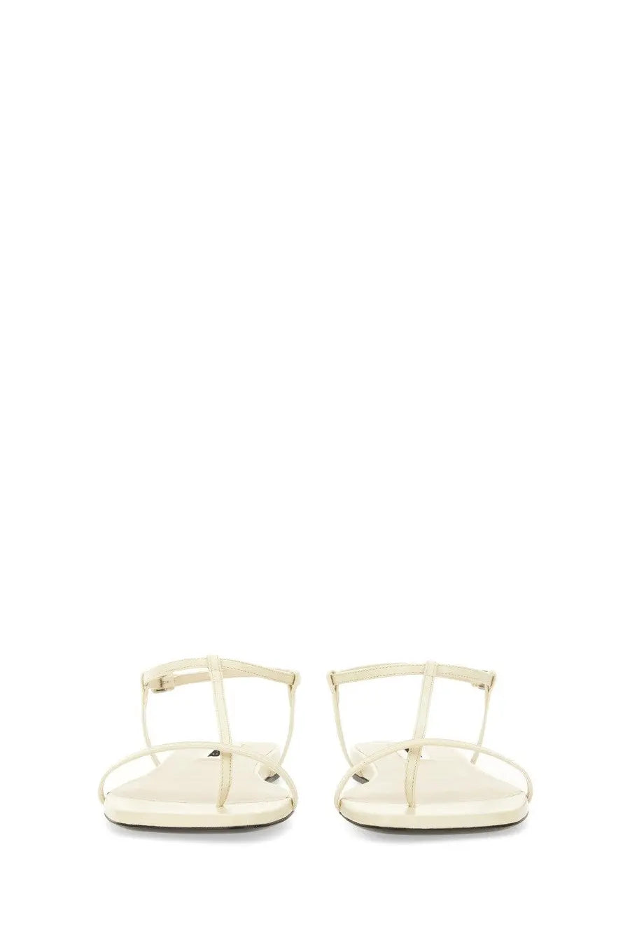 Cream-colored jil sander women’s leather t-strap sandal with sleek minimalist design and smooth leather-like material