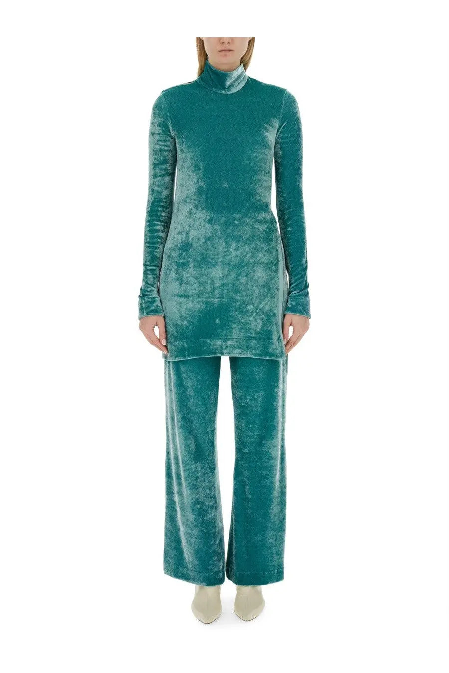 Teal velvet long sleeve turtleneck top and matching wide leg pants set by Jil Sander womens blue collection